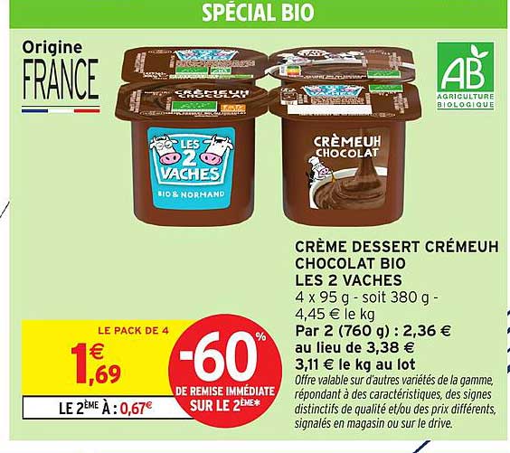 CRÈME DESSERT CRÉMEUH CHOCOLAT BIO LES 2 VACHES