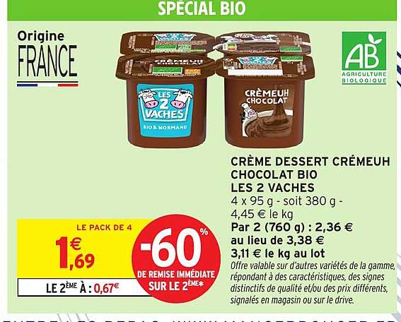 CRÈME DESSERT CRÉMEUH CHOCOLAT BIO LES 2 VACHES