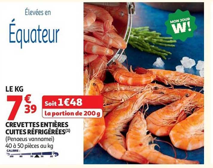 Crevettes entières cuites réfrigérées (Penaeus vannamei) 40 à 50 pièces au kg