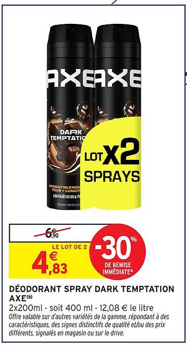 DÉODORANT SPRAY DARK TEMPTATION AXE(b) 2x200ml - soit 400 ml - 12,08 € le litre