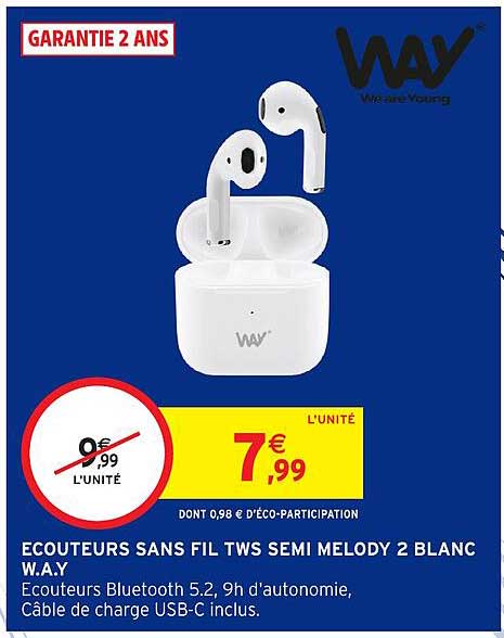 ECOUTEURS SANS FIL TWS SEMI MELODY 2 BLANC W.A.Y