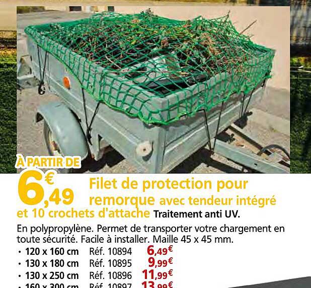 Filet de protection pour remorque avec tendeur intégré et 10 crochets d'attache