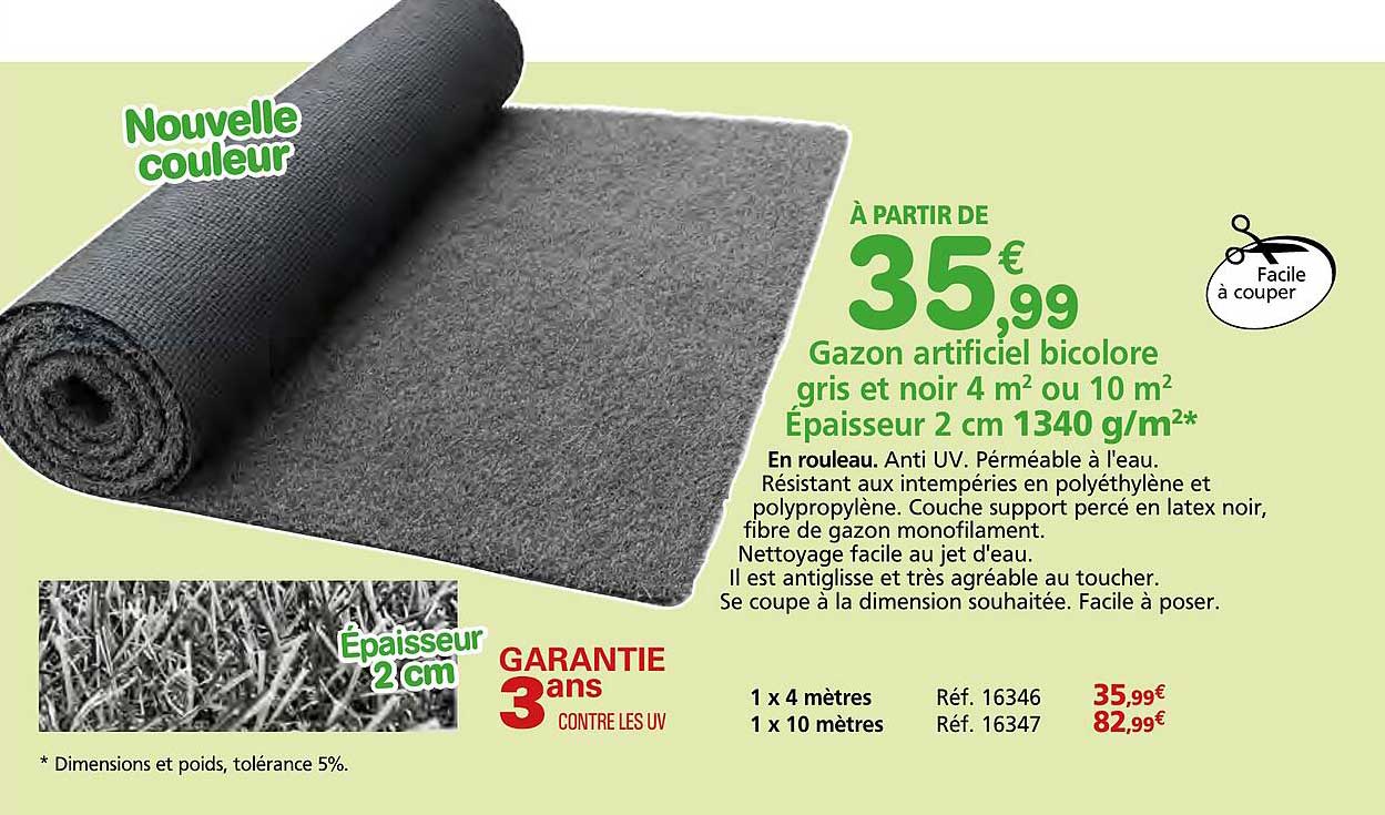 Gazon artificiel bicolore gris et noir 4 m² ou 10 m² Épaisseur 2 cm 1340 g/m²*