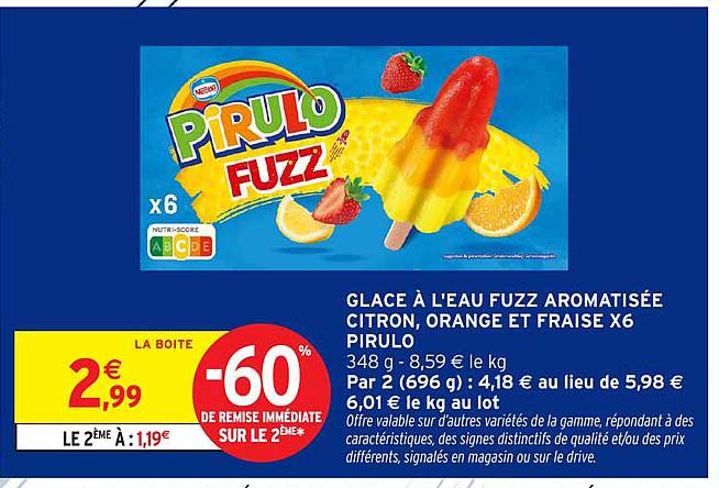 GLACE À L'EAU FUZZ AROMATISÉE CITRON, ORANGE ET FRAISE X6 PIRULO