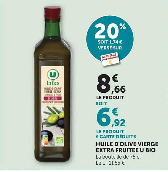 HUILE D'OLIVE VIERGE EXTRA FRUITEE U BIO