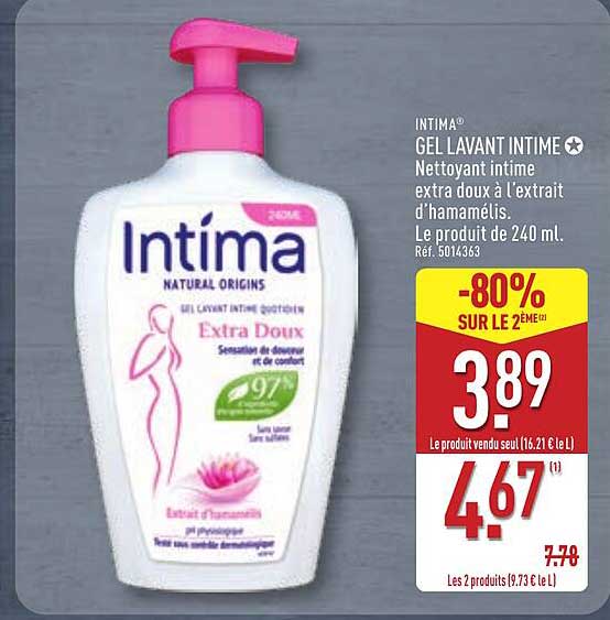 INTIMA® GEL LAVANT INTIME Nettoyant intime extra doux à l'extrait d'hamamélis. Le produit de 240 mL.