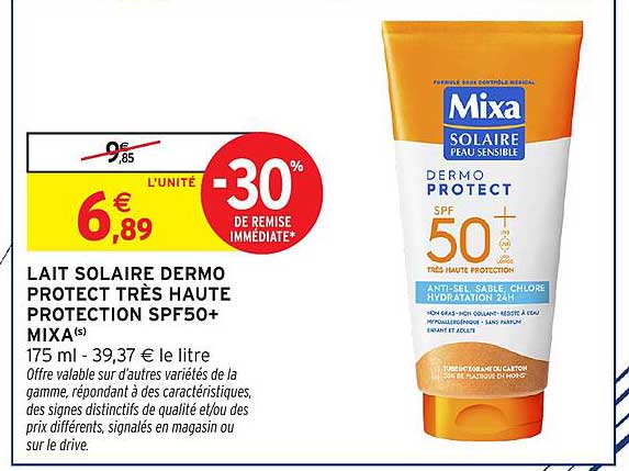 LAIT SOLAIRE DERMO PROTECT TRÈS HAUTE PROTECTION SPF50+ MIXA(s) 175 ml - 39,37 € le litre