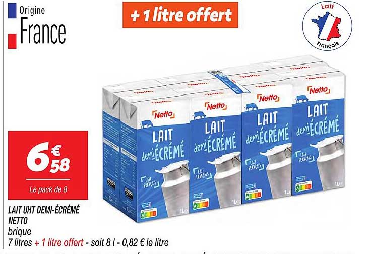 LAIT UHT DEMI-ÉCRÉMÉ NETTO brique 7 litres + 1 litre offert - soit 8 l - 0,82 € le litre
