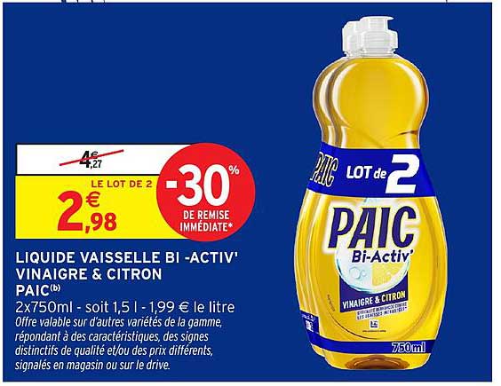 LIQUIDE VAISSELLE BI -ACTIV' VINAIGRE & CITRON PAIC(b) 2x750ml