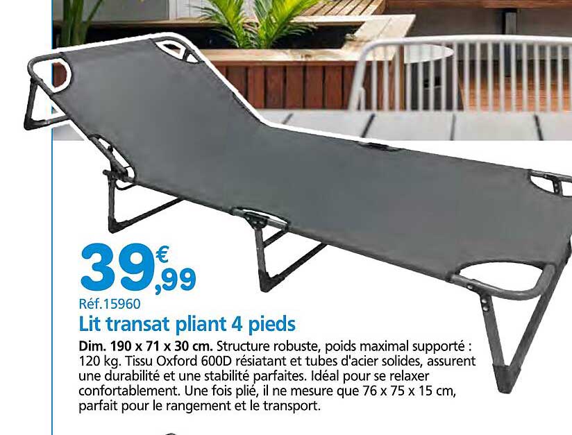 Lit transat pliant 4 pieds