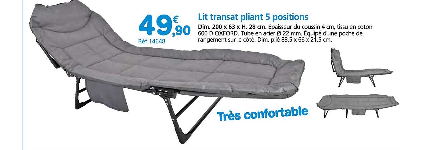 Lit transat pliant 5 positions