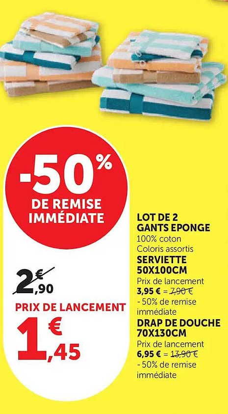 LOT DE 2 GANTS EPONGE 100% coton Coloris assortis SERVIETTE 50X100CM DRAP DE DOUCHE 70X130CM