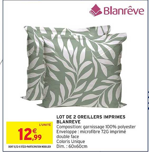 LOT DE 2 OREILLERS IMPRIMES BLANREVE