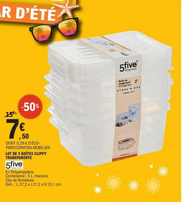 LOT DE 5 BOITES CLIPPY TRANSPARENTE