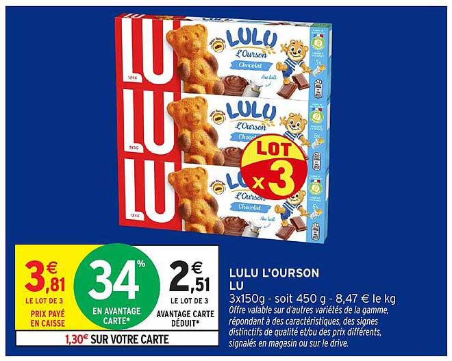 LULU L'OURSON LU 3x150g - soit 450 g - 8,47 € le kg