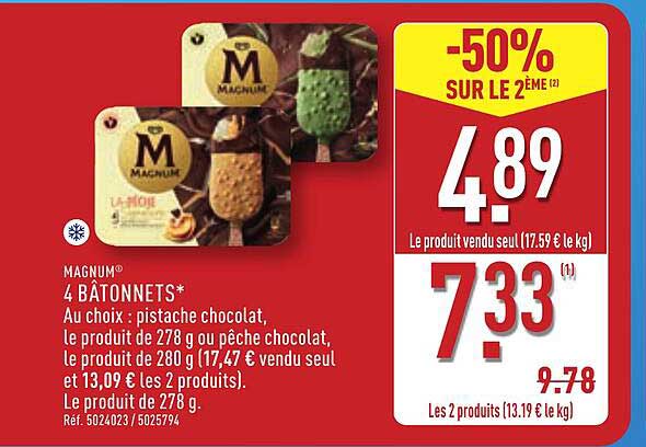 MAGNUM 4 BÂTONNETS* Au choix : pistache chocolat, le produit de 278 g ou chocolat, le produit de 280 g