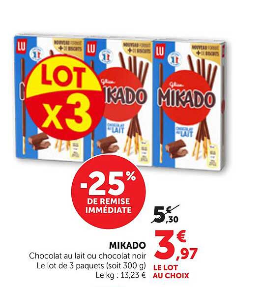 Mikado Chocolat au lait ou chocolat noir - Le lot de 3 paquets (soit 300 g)