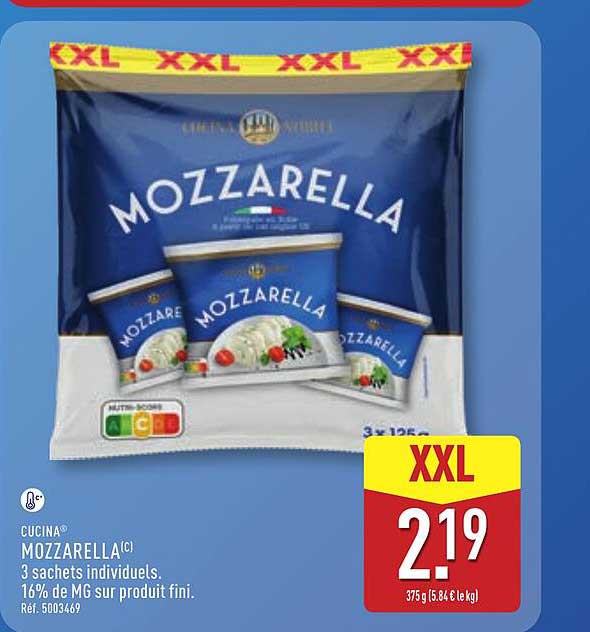 MOZZARELLA 3 sachets individuels 16% de MG sur produit fini.