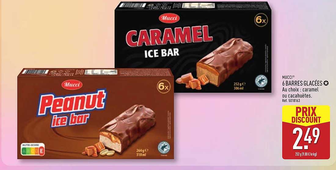 MUCCI 6 BARRES GLACÉES Au choix : caramel ou cacahuètes.