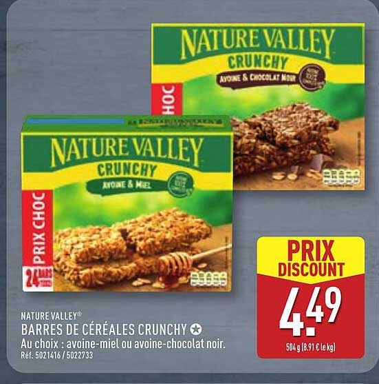 NATURE VALLEY® BARRES DE CÉRÉALES CRUNCHY Au choix : avoine-miel ou avoine-chocolat noir.
