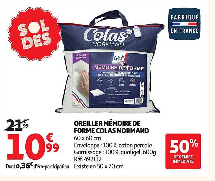OREILLER MÉMOIRE DE FORME COLAS NORMAND 60 x 60 cm
