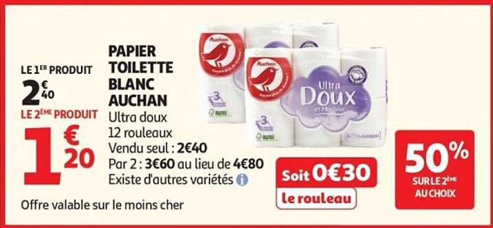 PAPIER TOILETTE BLANC AUCHAN Ultra doux 12 rouleaux