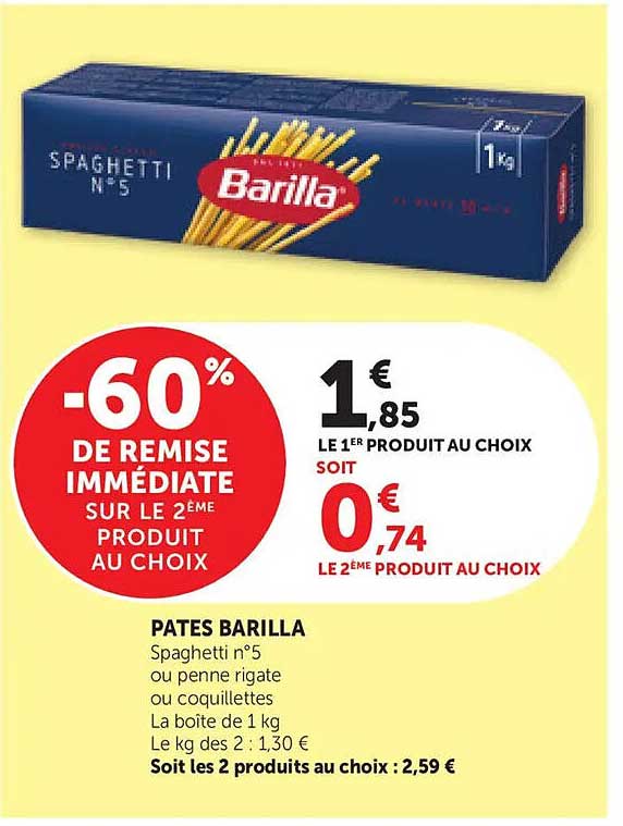 PATES BARILLA Spaghetti n°5 ou penne rigate ou coquillette La boite de 1 kg