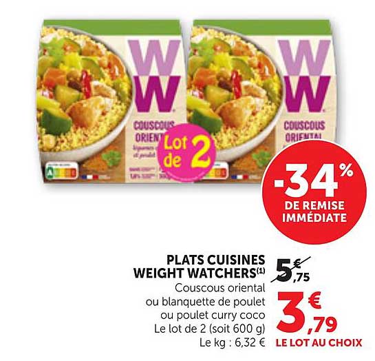 PLATS CUISINES WEIGHT WATCHERS Couscous oriental ou blanquette de poulet ou poulet curry coco Le lot de 2 (soit 600 g) Le kg : 6,32 €