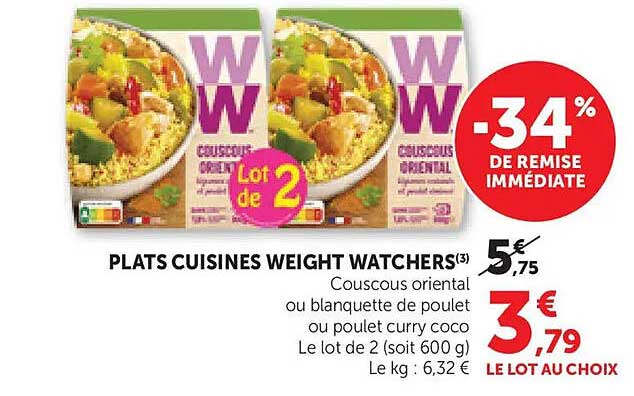 PLATS CUISINES WEIGHT WATCHERS(3) Couscous oriental ou blanquette de poulet ou poulet curry coco Le lot de 2