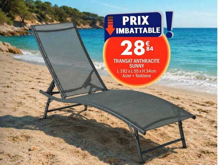 PRIX IMBATTABLE ! TRANSAT ANTHRACITE SUNNY L 182 x l 55 x H 34cm Acier + Textilene