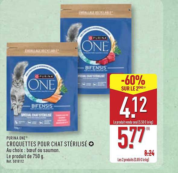 PURINA ONE® CROQUETTES POUR CHAT STÉRILISÉ Au choix : bœuf ou saumon. Le produit de 750 g.
