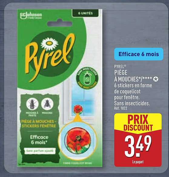 PYREL® PIÈGE À MOUCHES*/*/* 6 stickers en forme de coquelicot pour fenêtre. Sans insecticides. Réf. 1822