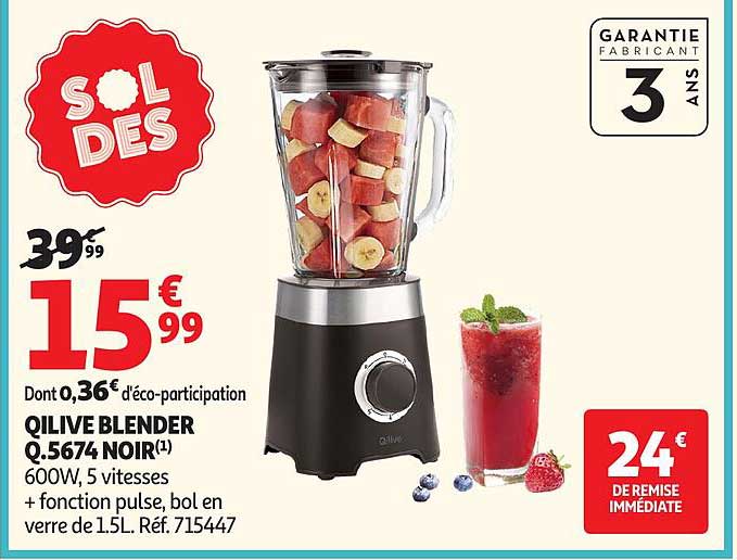 QILIVE BLENDER Q.5674 NOIR(1) 600W, 5 vitesses + fonction pulse, bol en verre de 1.5L. Réf. 715447