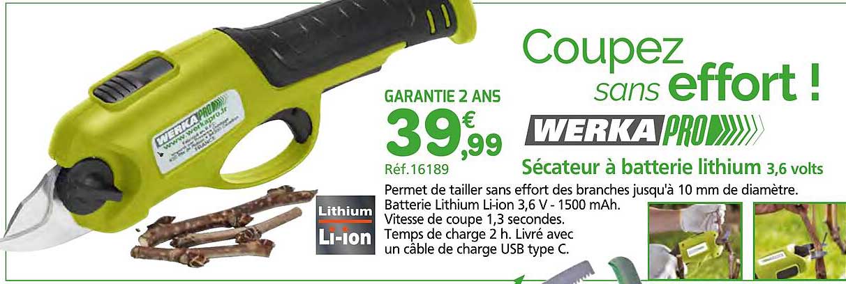 Sécateur à batterie lithium 3,6 volts