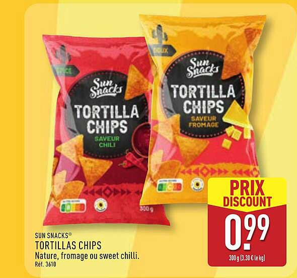 SUN SNACKS® TORTILLAS CHIPS Nature, fromage ou sweet chilli. Réf. 3610