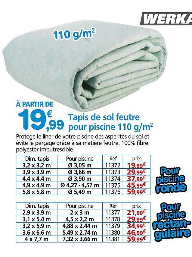 Tapis de sol feutre pour piscine 110 g/m²