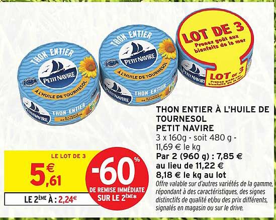 THON ENTIER À L'HUILE DE TOURNESOL PETIT NAVIRE