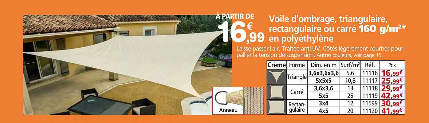 Voile d'ombrage, triangulaire, rectangulaire ou carré 160 g/m²* en polyéthylène