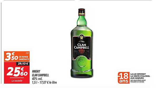 WHISKY CLAN CAMPBELL 40% vol. 1,5 l - 17,07 € le litre