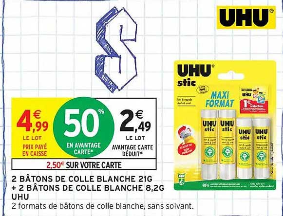 2 BÂTONS DE COLLE BLANCHE 21G + 2 BÂTONS DE COLLE BLANCHE 8,2G UHU