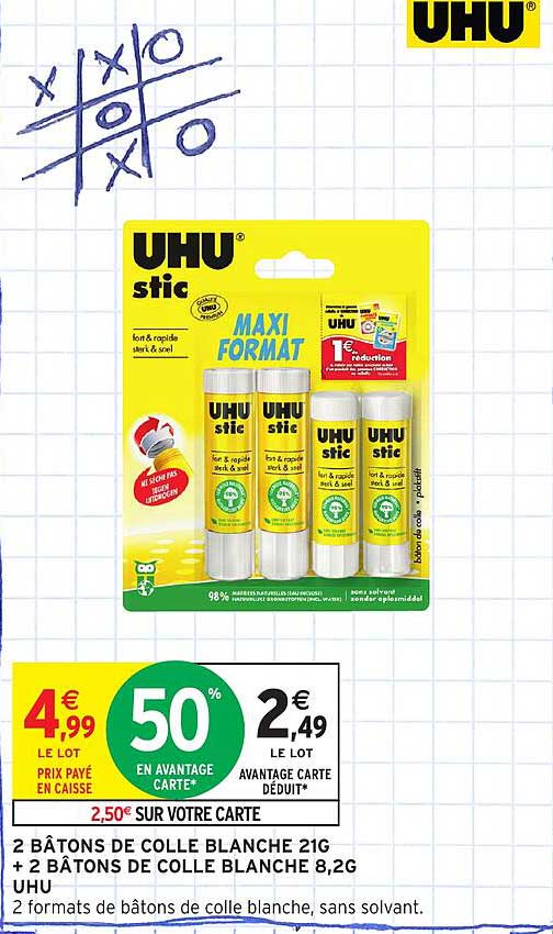 2 bâtons de colle blanche 21g + 2 bâtons de colle blanche 8,2g UHU