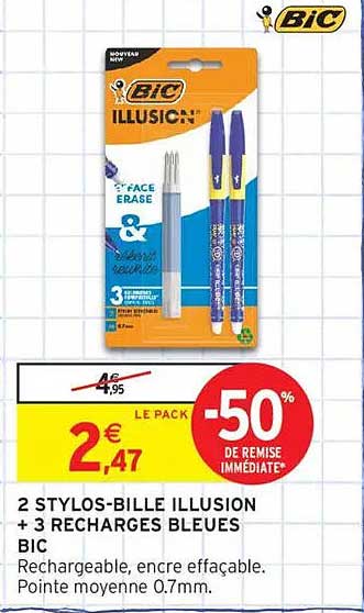 2 STYLOS-BILLE ILLUSION + 3 RECHARGES BLEUES BIC