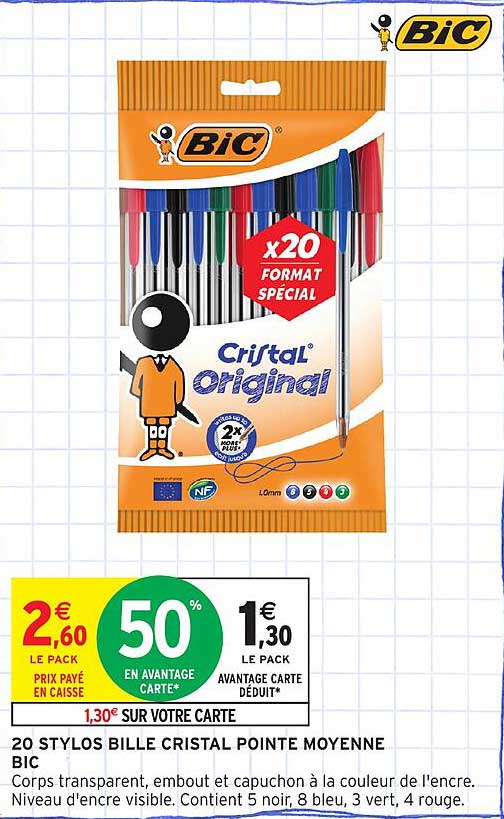 20 STYLOS BILLE CRISTAL POINTE MOYENNE BIC