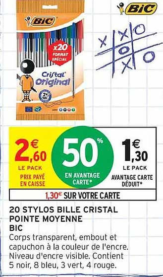20 STYLOS BILLE CRISTAL POINTE MOYENNE BIC