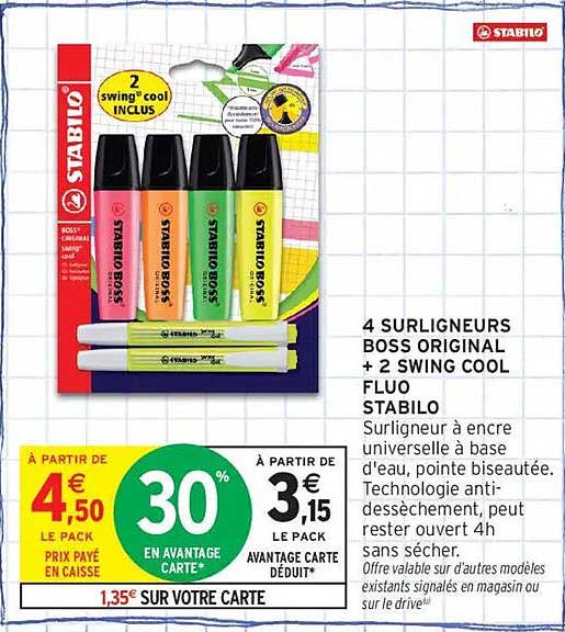 4 SURLIGNEURS BOSS ORIGINAL + 2 SWING COOL FLUO STABILO