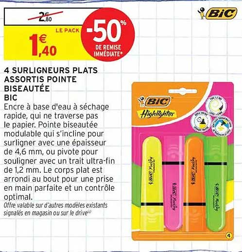 4 SURLIGNEURS PLATS ASSORTIS POINTE BISEAUTÉE BIC