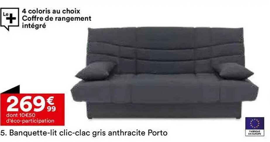 Banquette-lit clic-clac gris anthracite Porto