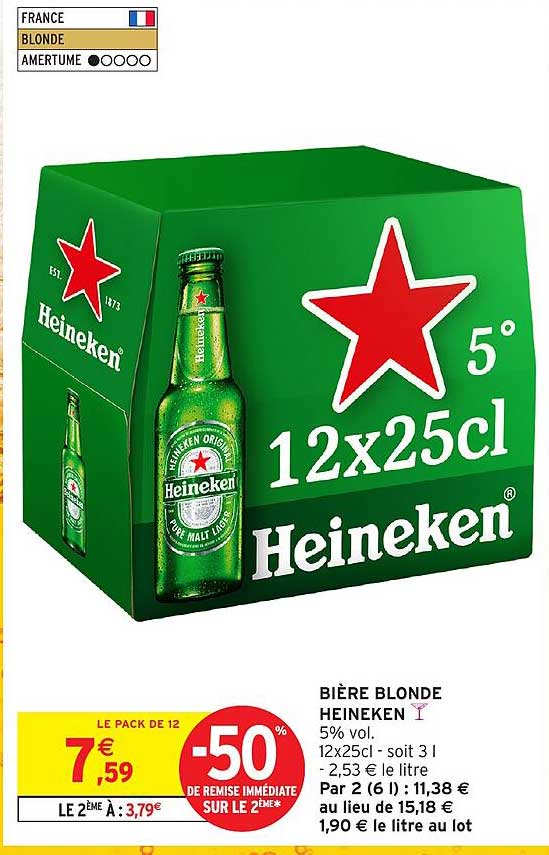 BIÈRE BLONDE HEINEKEN 5% vol - 12x25cl