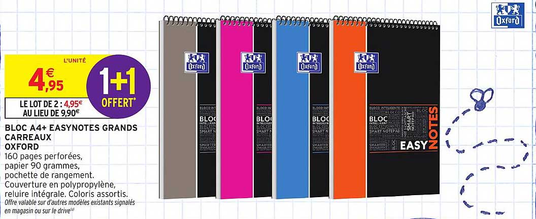 BLOC A4+ EASYNOTES GRANDS CARREAUX OXFORD