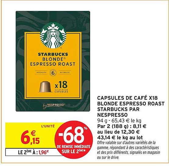 CAPSULES DE CAFÉ X18 BLONDE ESPRESSO ROAST STARBUCKS PAR NESPRESSO